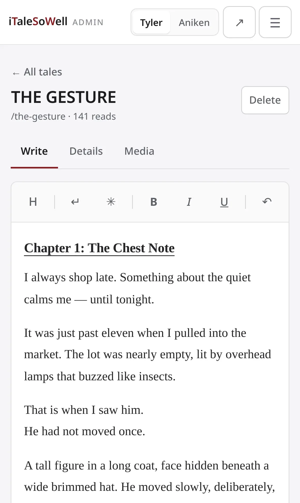 The same tale editor on a phone: the toolbar collapsed to single-character icons above the manuscript text