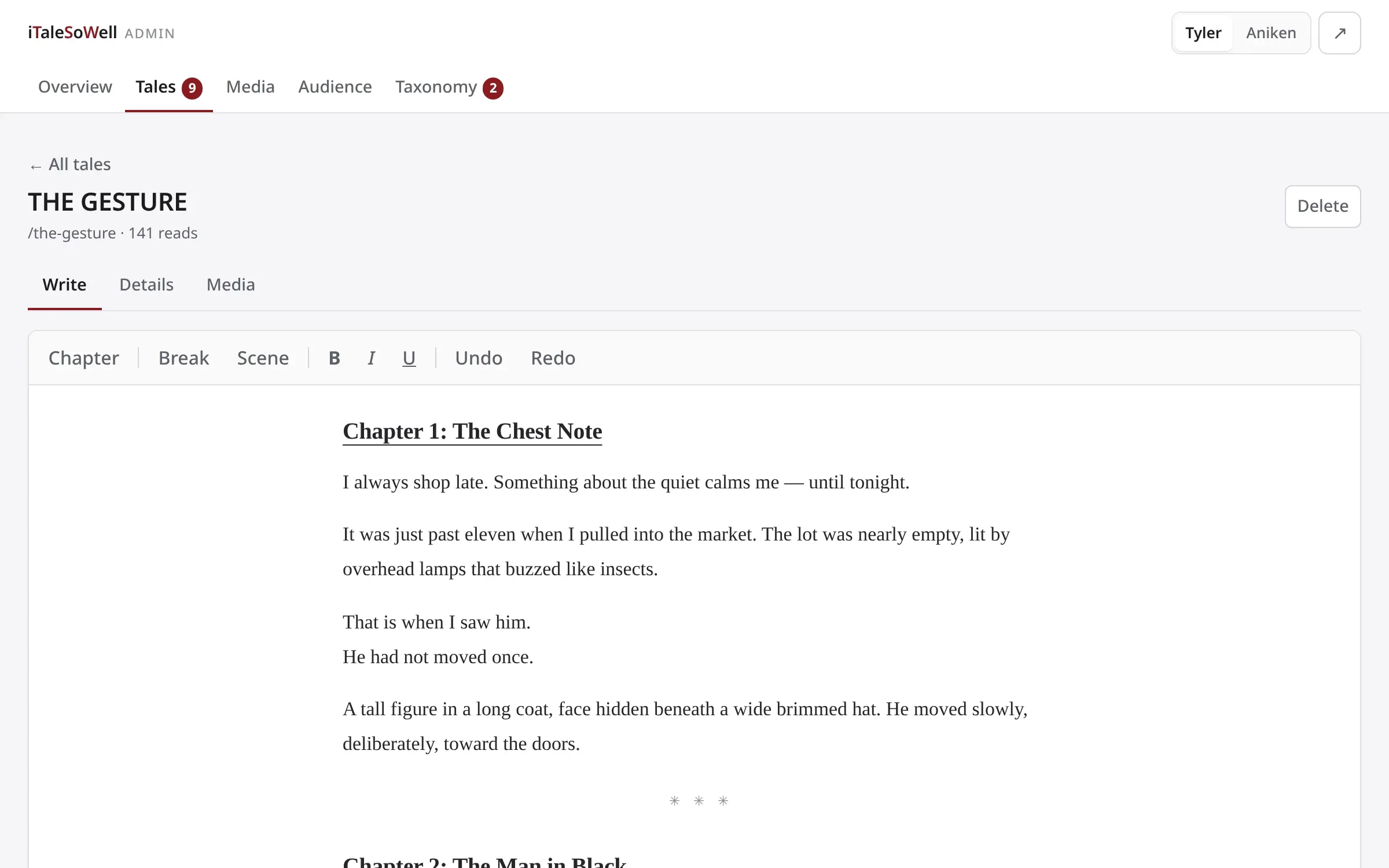 The tale editor: a toolbar reading Chapter, Break, Scene, then bold, italic and underline, above serif manuscript text with a chapter heading and a scene divider