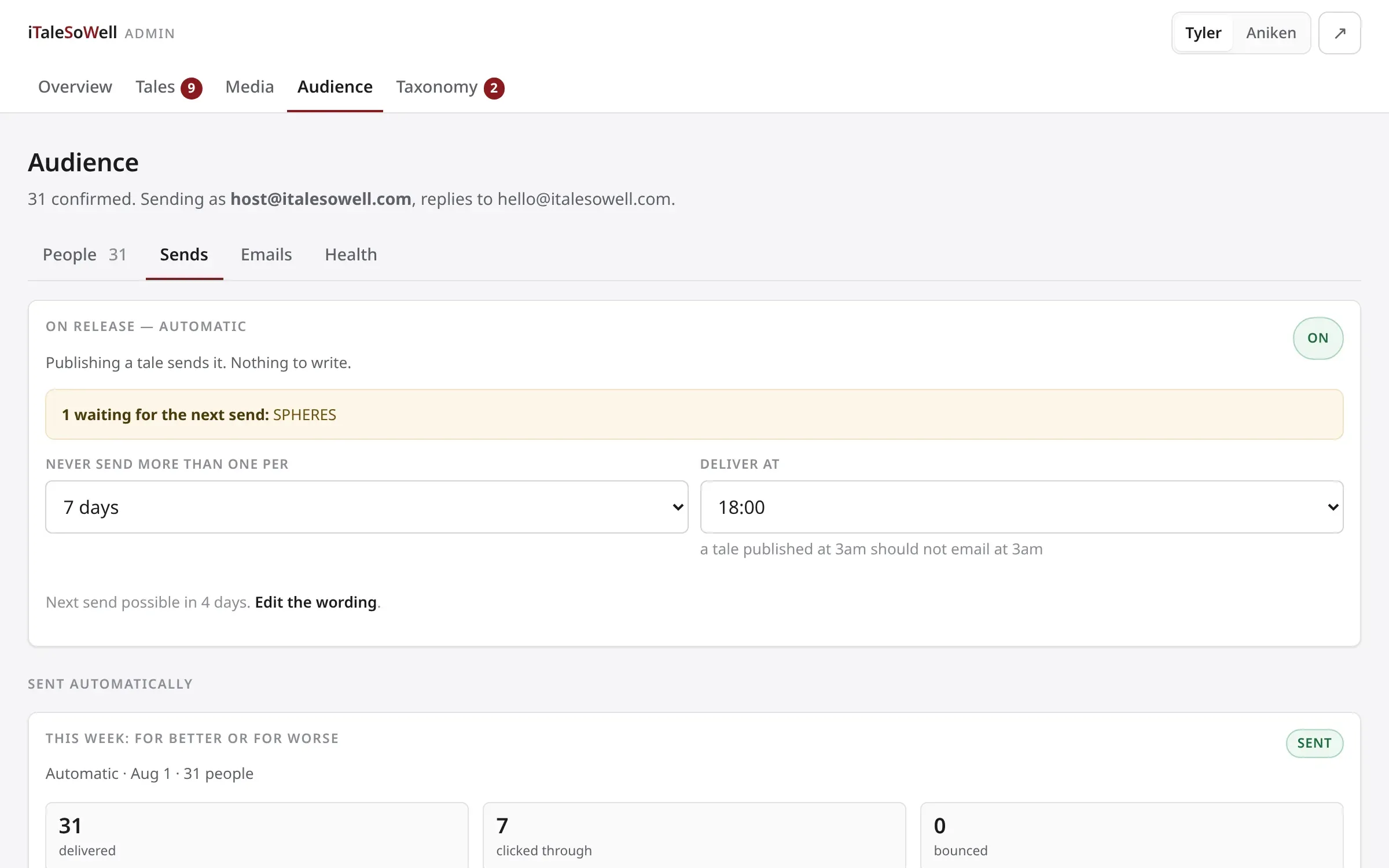 The sends tab: an automatic on-release send toggled on, a frequency cap of one per seven days, a delivery hour, and the record of a broadcast with delivered, clicked and bounced counts