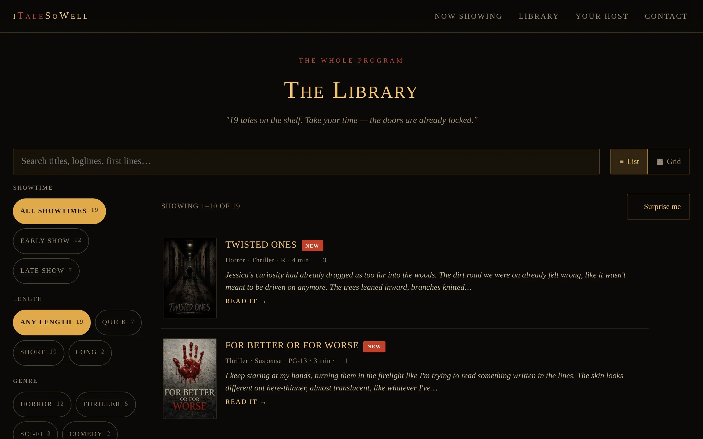 The Library page: filter rail for showtime, length and genre beside a list of tales, each showing cover, metadata and its opening paragraph