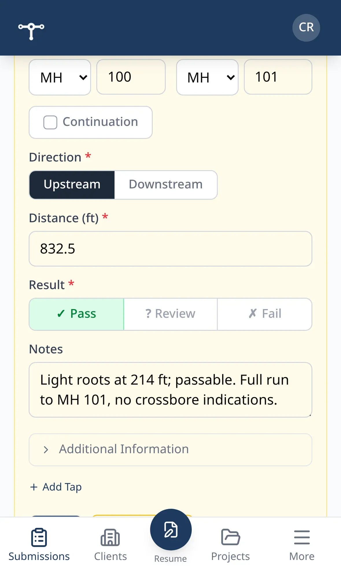 Pipetree mainline inspection entry form on a phone: from and to access points, direction, distance, pass/review/fail result, and notes