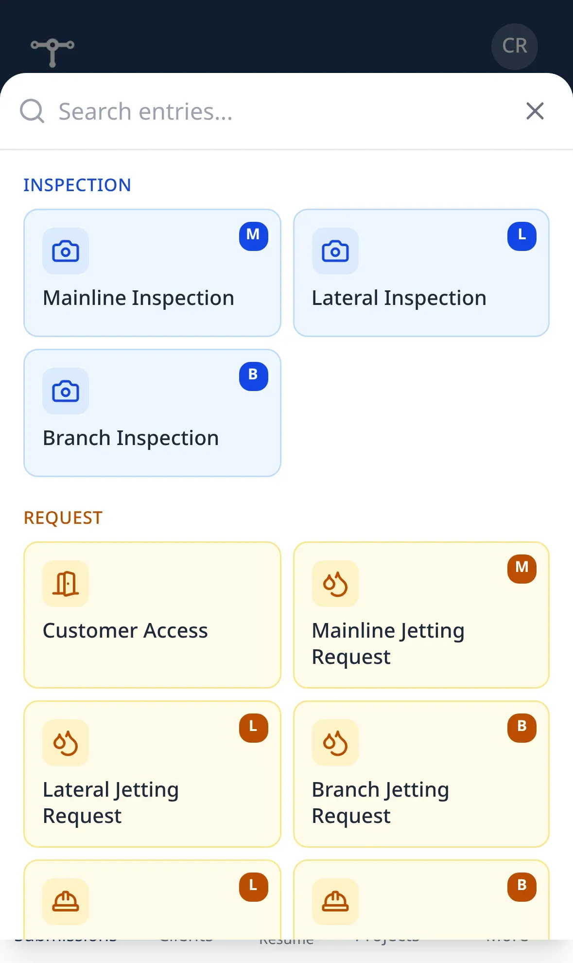 Pipetree Add Entry picker on a phone: searchable entry kinds grouped into inspections and requests, each with a type badge
