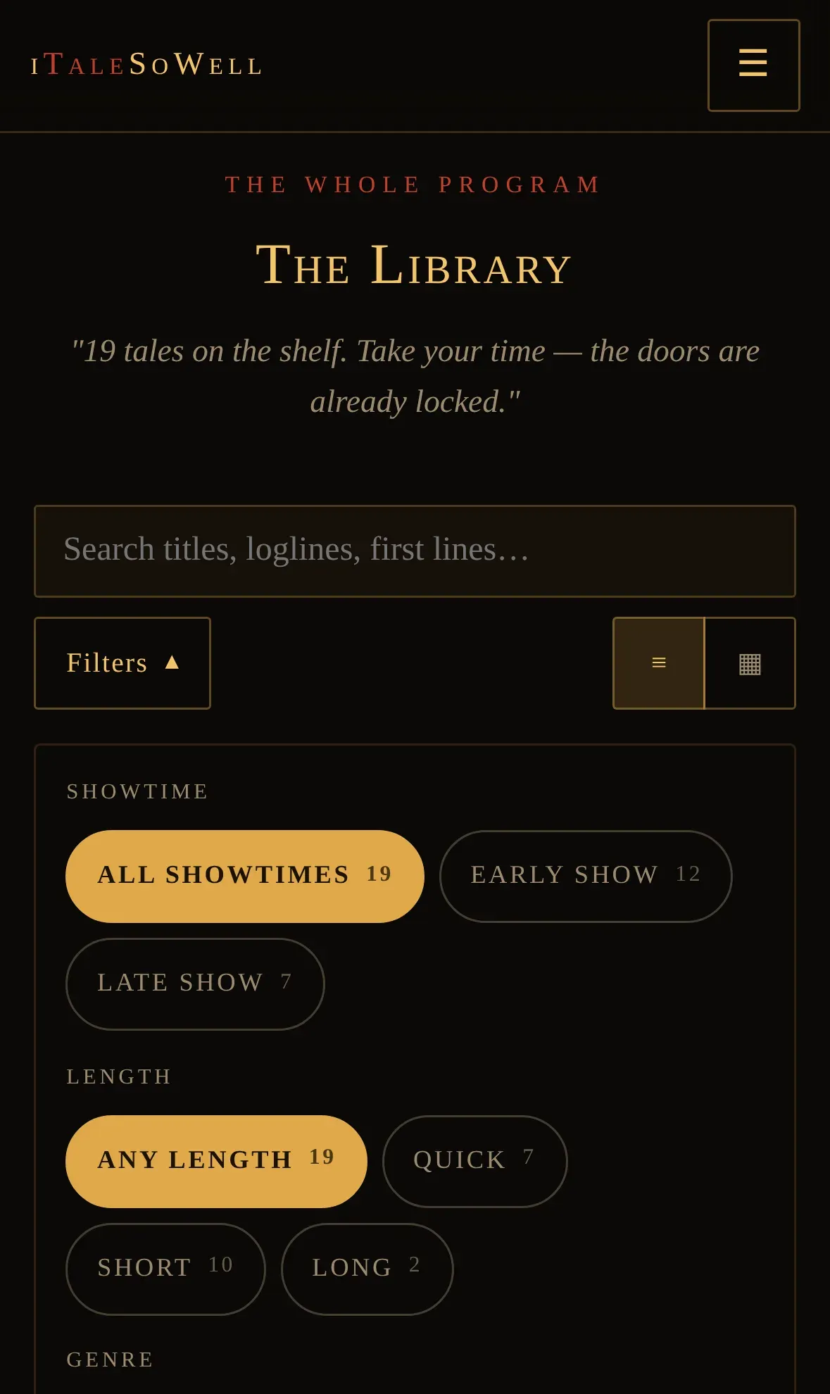 The Library on a phone with the filter panel opened, showing showtime, length and genre chips with counts