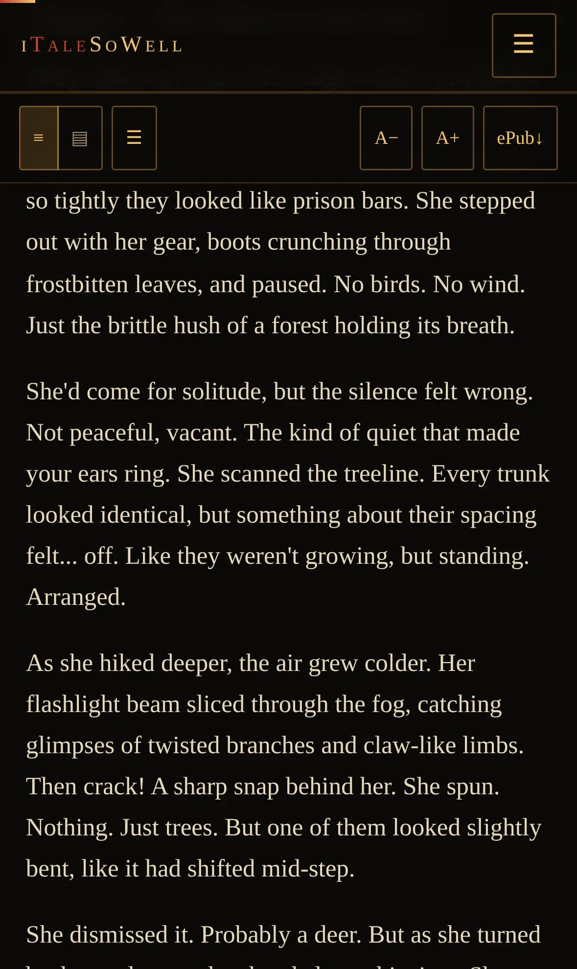 A tale being read on a phone: serif prose at a comfortable measure with a compact sticky toolbar