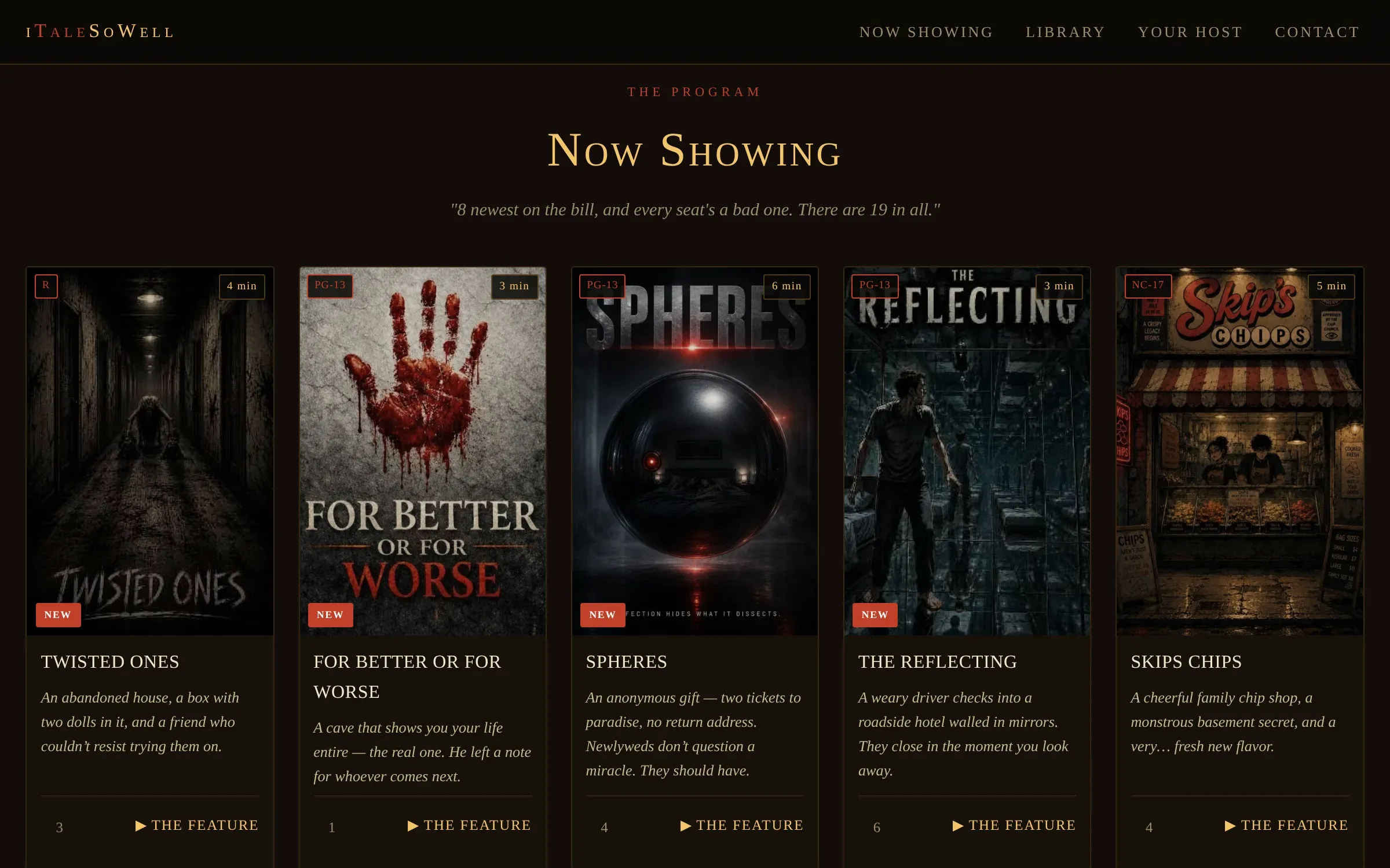 The Now Showing section of iTaleSoWell: eight poster cards, each with cover art, rating, runtime and a one-line logline