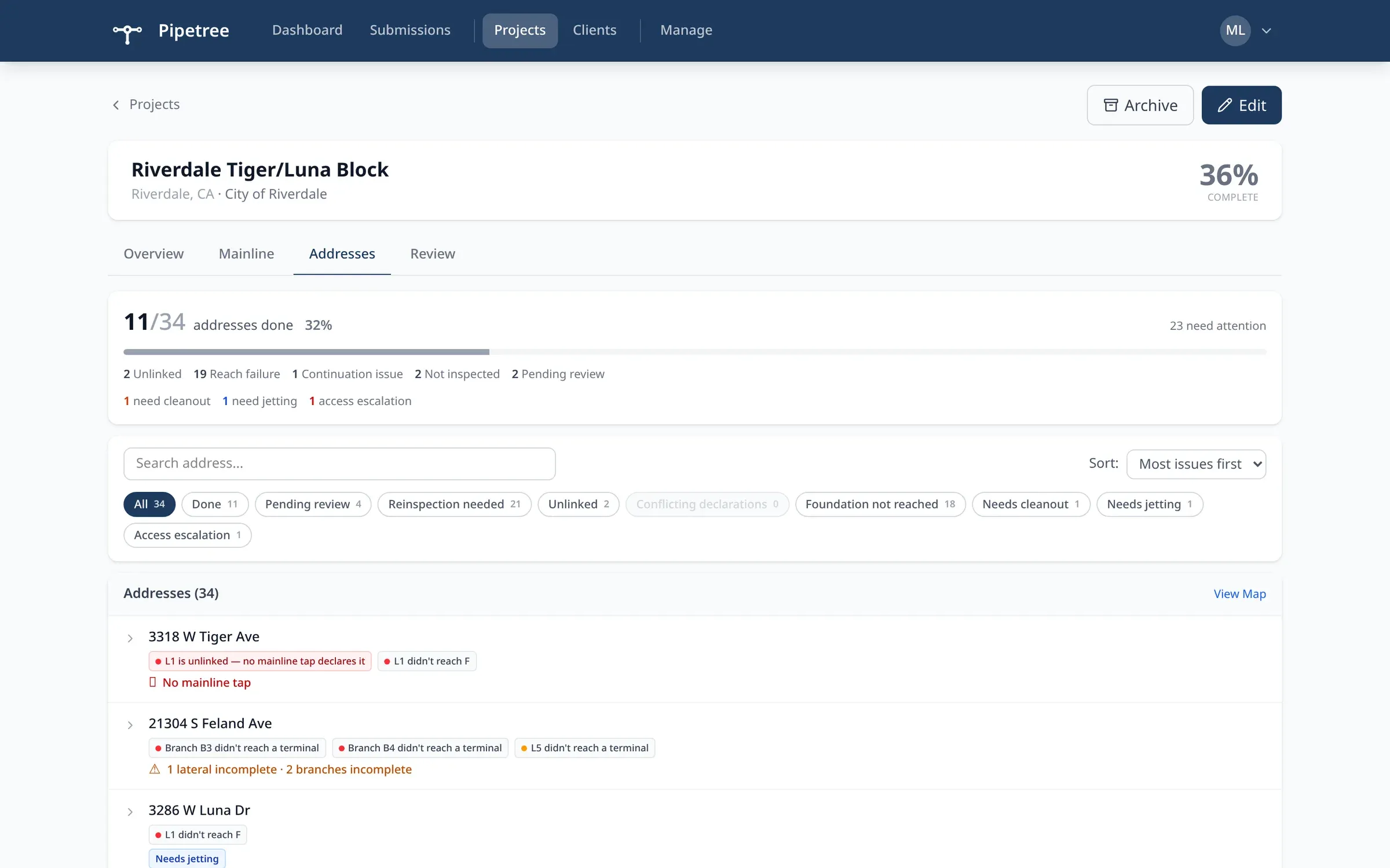 Pipetree project Addresses tab: per-address completion stats and diagnostics like unlinked laterals and branches that did not reach a terminal