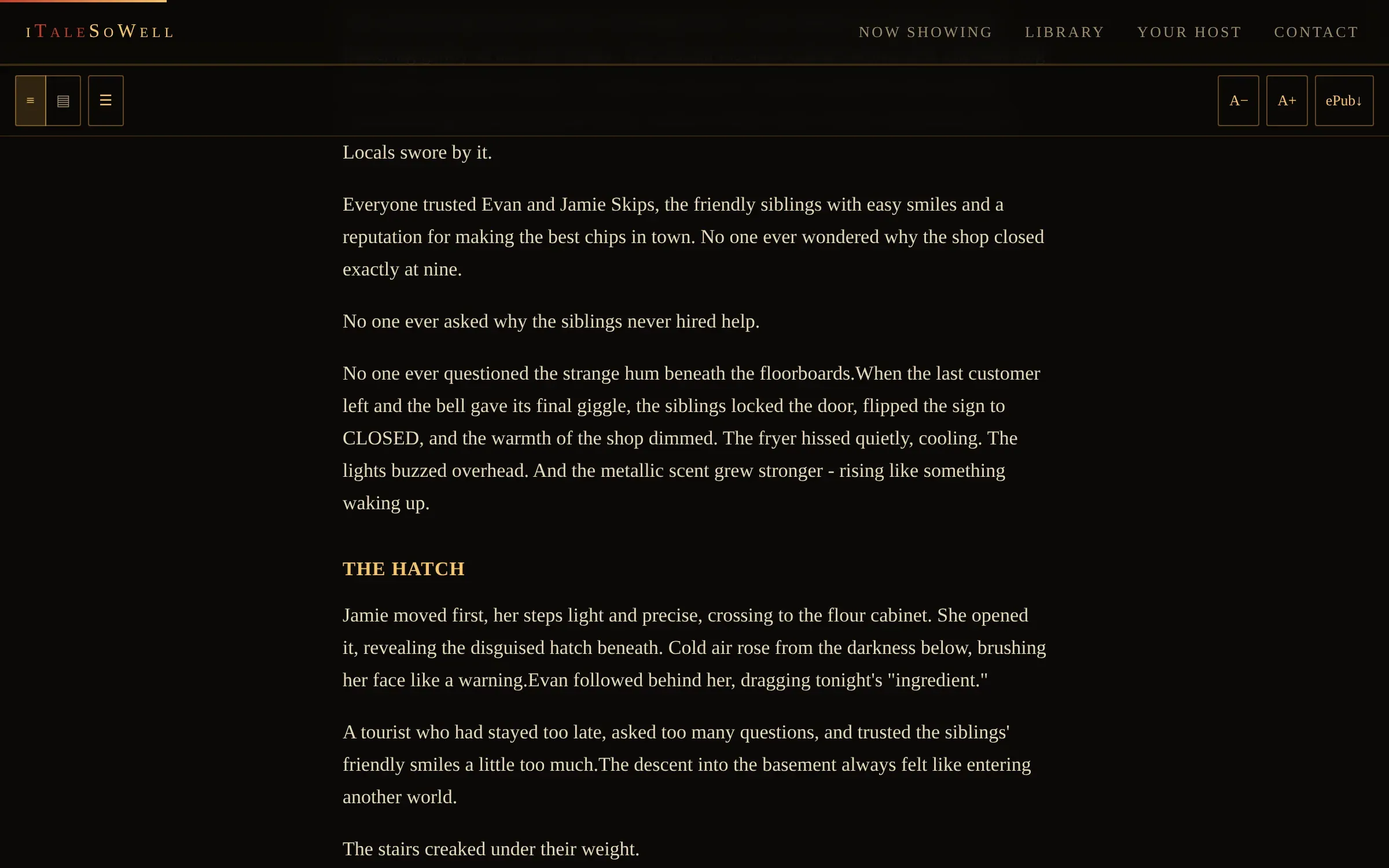 A tale open in the reader: warm serif prose on near-black, a chapter heading, and a toolbar with scroll or page mode, chapters, text size and ePub download